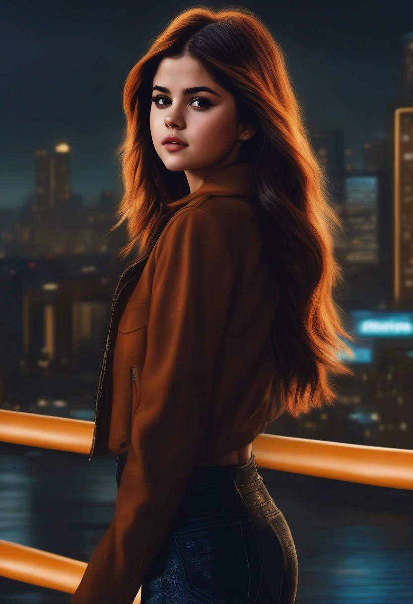Selena Gomez (ohwx woman) <lora:SelenaGomez-000007:1,night, epic realistic, background city, <lora:hair-v3:0.7>, (medium_shot:1.3), orange color hair