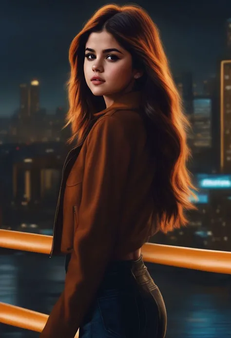 Selena Gomez (ohwx woman) <lora:SelenaGomez-000007:1,night,  epic realistic, background city, <lora:hair-v3:0.7>,   (medium_shot:1.3), orange color hair