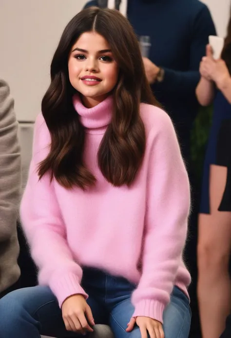 Selena Gomez (ohwx woman) <lora:SelenaGomez-000007:1> with (super long hair:1.5), pink mohair turtleneck jumper, <lora:super_long_hair:0.5>