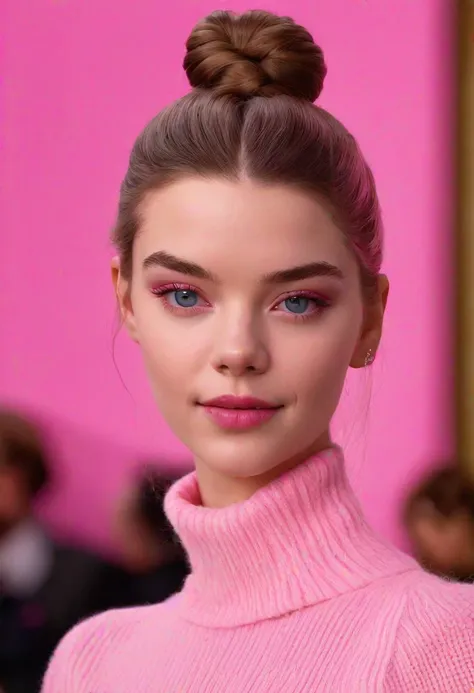 Portrait of ANAT0J3 Anya Taylor-Joy (ohwx woman) <lora:lora_anya_v1_from_v2_320:1> as Barbie, pink mohair turtleneck jumper, large hair bun, high detail, photorealistic