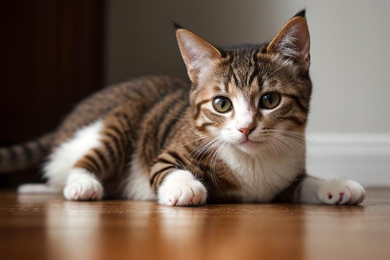 There is a cat that is laying on the floor looking at the camera ...