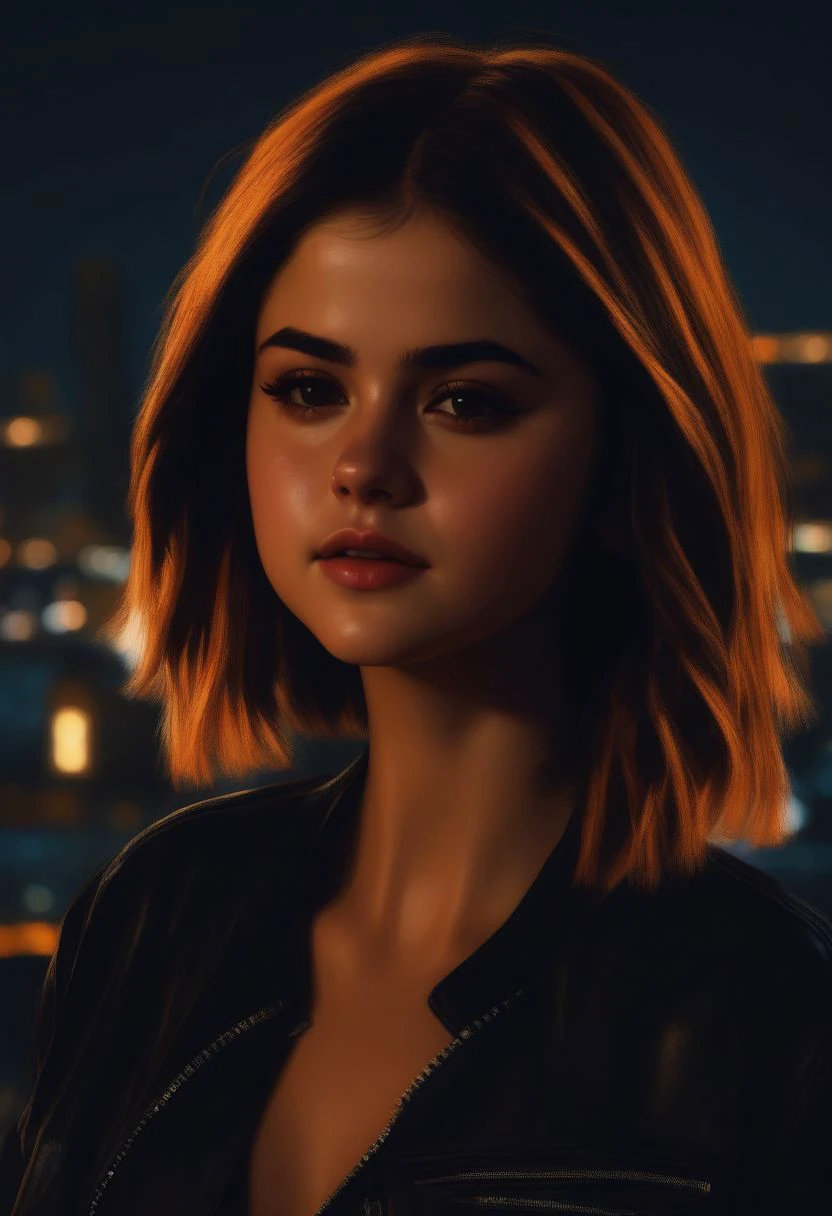 Selena Gomez (ohwx woman) <lora:SelenaGomez-000007:1,night, epic realistic, background city, <lora:hair-v3:0.7>, (medium_shot:1.3), orange color hair