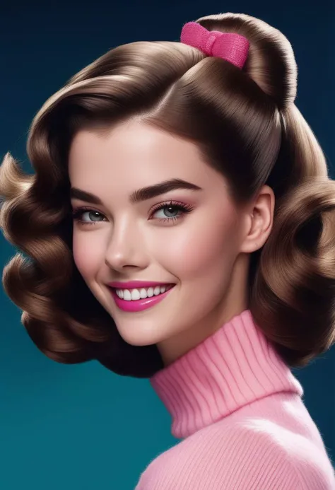 Portrait of ANAT0J3 - Anya Taylor-Joy (ohwx woman) as Barbie, pink mohair turtleneck jumper, large hair bun, High Detail, photorealistic, (ANAT0J3 face),(happy,smilling,teeth),(1950s:1.4),(dark hair)