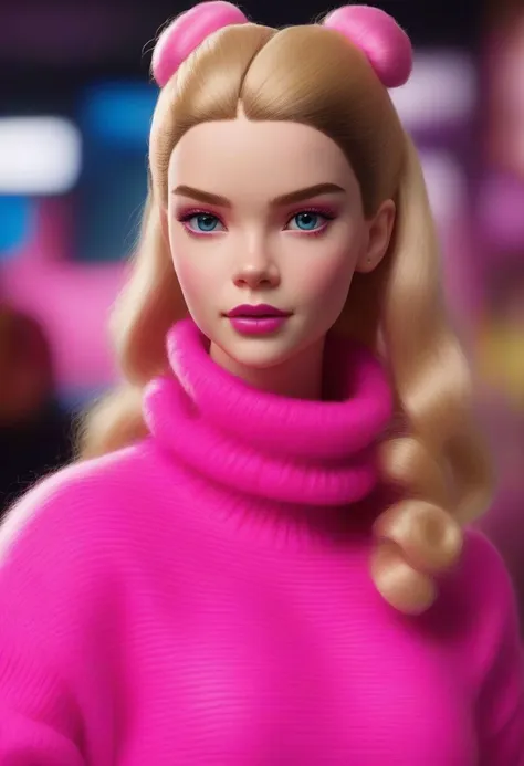 Portrait of Anya Taylor-Joy (ohwx woman) <lora:lora_anya_v1_from_v2_320:1> as Barbie, pink mohair turtleneck jumper, large hair bun, high detail, photorealistic, 1girl, ATLJ, ANAT0J3