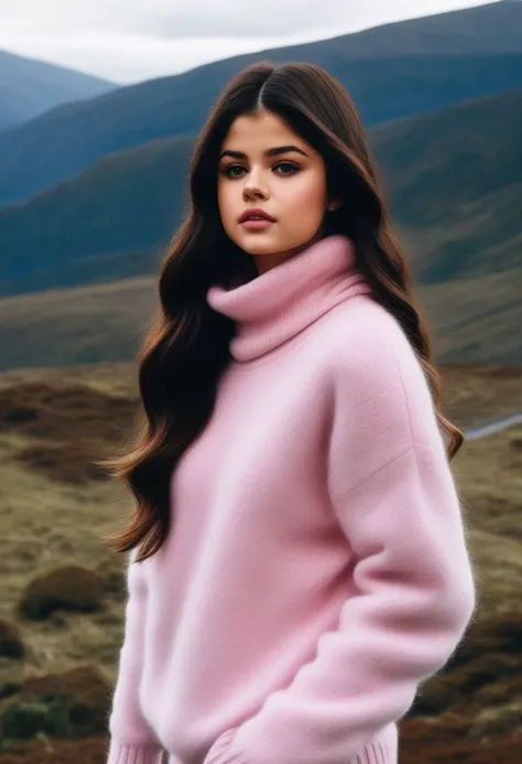 Selena Gomez (ohwx woman) <lora:SelenaGomez-000007:1> with (super long hair:1.5), pink mohair turtleneck jumper, <lora:super_long_hair:0.5>