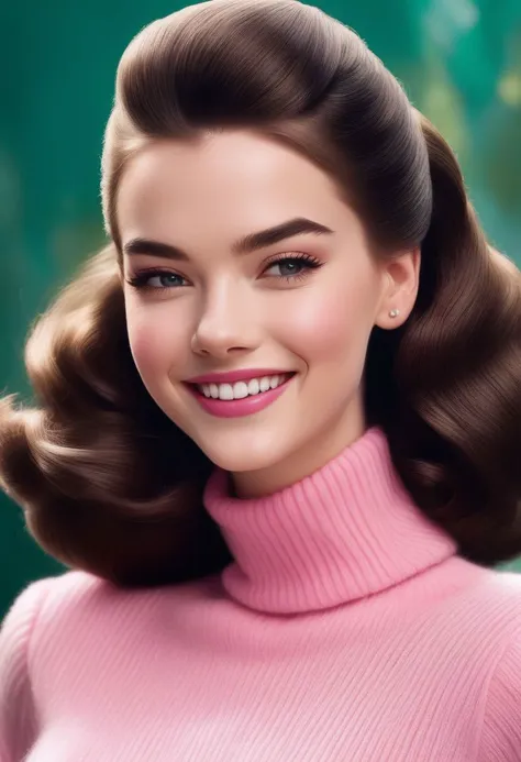 Portrait of ANAT0J3 - Anya Taylor-Joy (ohwx woman) as Barbie, pink mohair turtleneck jumper, large hair bun, High Detail, photorealistic, (ANAT0J3 face),(happy,smilling,teeth),(1950s:1.4),(dark hair)