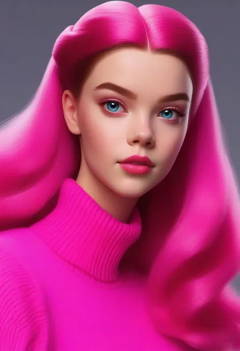 Portrait of Anya Taylor-Joy (ohwx woman) <lora:lora_anya_v1_from_v2_320:1> as Barbie, pink mohair turtleneck jumper, large hair bun, high detail, photorealistic, 1girl, ATLJ, ANAT0J3