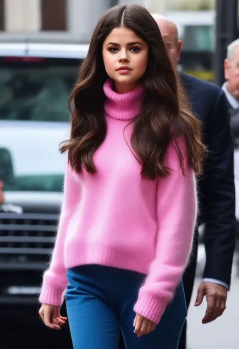 Selena Gomez (ohwx woman) <lora:SelenaGomez-000007:1> with (super long hair:1.5), pink mohair turtleneck jumper, <lora:super_long_hair:0.5>