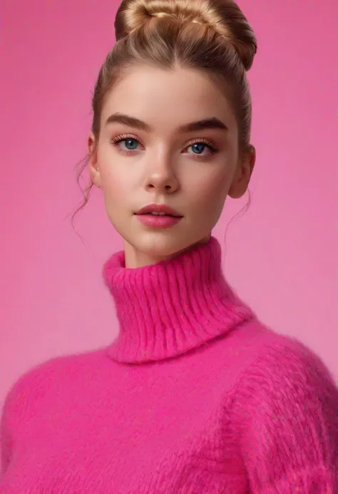 Portrait of ANAT0J3 Anya Taylor-Joy (ohwx woman) <lora:lora_anya_v1_from_v2_320:1> as Barbie, pink mohair turtleneck jumper, large hair bun, high detail, photorealistic