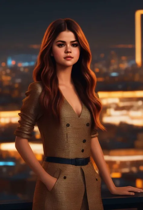 Selena Gomez (ohwx woman) <lora:SelenaGomez-000007:1,night, epic realistic, background city, <lora:hair-v3:0.7>, (medium_shot:1.3), orange color hair