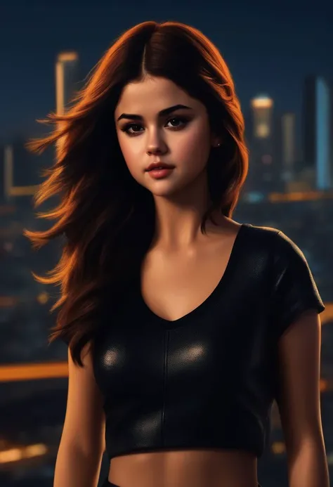 Selena Gomez (ohwx woman) <lora:SelenaGomez-000007:1,night, epic realistic, background city, <lora:hair-v3:0.7>, (medium_shot:1.3), orange color hair