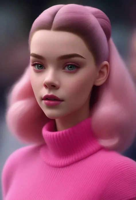 Portrait of Anya Taylor-Joy (ohwx woman) <lora:lora_anya_v1_from_v2_320:1> as Barbie, pink mohair turtleneck jumper, large hair bun, high detail, photorealistic, 1girl, ATLJ, ANAT0J3