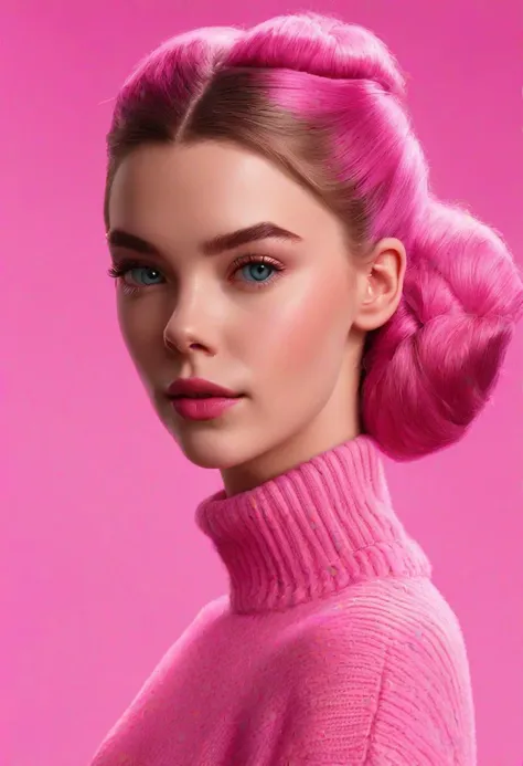 Portrait of ANAT0J3 Anya Taylor-Joy (ohwx woman) <lora:lora_anya_v1_from_v2_320:1> as Barbie, pink mohair turtleneck jumper, large hair bun, high detail, photorealistic