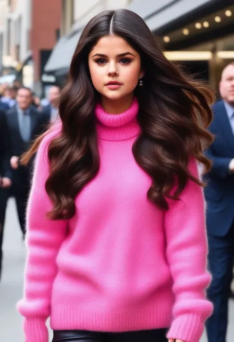 Selena Gomez (ohwx woman) <lora:SelenaGomez-000007:1> with (super long hair:1.5), pink mohair turtleneck jumper, <lora:super_long_hair:0.5>