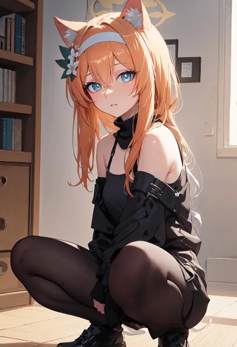 Ginger anime girl in dirty stockings looking down at the viewer with her foot extended to the viewers face