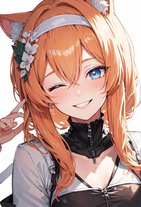 best quality, masterpiece, highres, solo, (mari_bluearchive:1.10), smile, happy, one eye closed, portrait, looking at viewer, 41 <lora:mari_bluearchive:0.80>