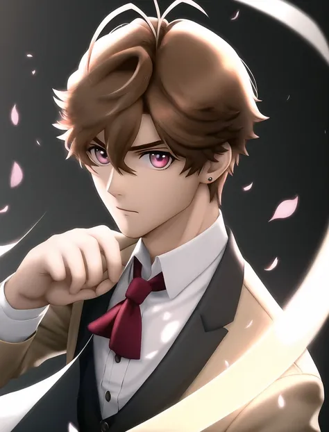 incredibly absurdres, best quality, 8k wallpaper, sharp focus, fine edges, depth of field, cropped shoulders, paw pose, looking at viewer, (mature male character, 1boy, male focus, light brown hair, antenna hair), streaked hair, pink eyes, (determined:1.2), wearing handkerchief with no jewelry or neckwear, convention, finely detailed background, amazing background