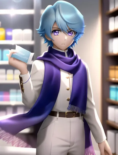 incredibly absurdres, best quality, 8k wallpaper, sharp focus, fine edges, depth of field, standing cowboy shot, looking at viewer, (toned male character, 1boy, male focus, light blue hair, hair tubes), light purple eyes, (looking at hand:1.2), wearing shawl with no jewelry or neckwear, pharmacy, finely detailed background, amazing background