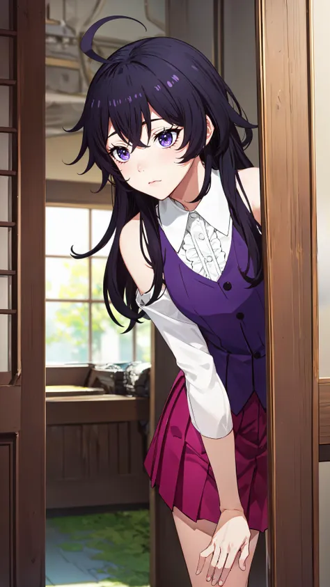 photorealistic, (4k), depth of field, (Masterpiece), (realistic skin texture), extremely detailed, intricate, hyper detailed, professional photography, bokeh, high resolution, sharp detail, best quality, girl, long hair, purple hair, purple eyes, ahoge, white collar, purple vest, white sleeves,, bare shoulders, shoulder cutout, pink pleated skirt, <lora:GoodHands-vanilla:0.4>, <lora:detail_slider_v4:0.8> , dynamic pose, (bent over), <lora:Belano:0.7>, (hiding:1.3), (peeking around corner:1.3), shy,