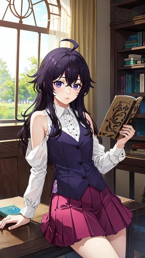 photorealistic, (4k), depth of field, (Masterpiece), (realistic skin texture), extremely detailed, intricate, hyper detailed, professional photography, bokeh, high resolution, sharp detail, best quality, girl, long hair, purple hair, purple eyes, ahoge, white collar, purple vest, white sleeves,, bare shoulders, shoulder cutout, pink pleated skirt, <lora:GoodHands-vanilla:0.4>, <lora:detail_slider_v4:0.8> , dynamic pose, (legs crossed), <lora:Belano:0.7>, library, books, light rays, dust particles, light rays, gothic architecture,