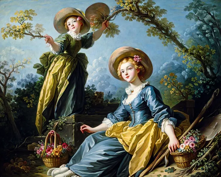 rococo, Fragonard, oil painting \(medium\), traditional_media, <lora:Fragonard_v1:0.7>, yellow hat, 1girl, basket, blonde_hair, branch, flower, forest, nature, outdoors, paintbrush, painting, plant, sitting, tree