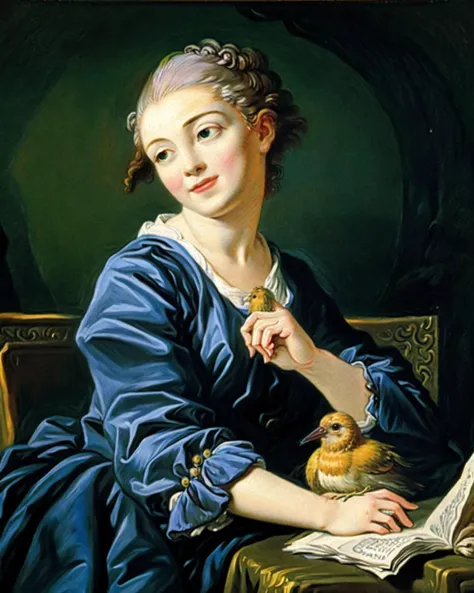 rococo, Fragonard, oil painting \(medium\), traditional_media, <lora:Fragonard_v1:0.7>, holding a bird on her arm