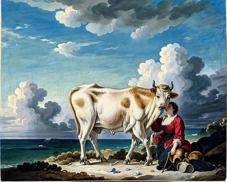 rococo, Fragonard, oil painting \(medium\), traditional_media, <lora:Fragonard_v1:0.7>, cow, clouds, animal, beach,
ocean