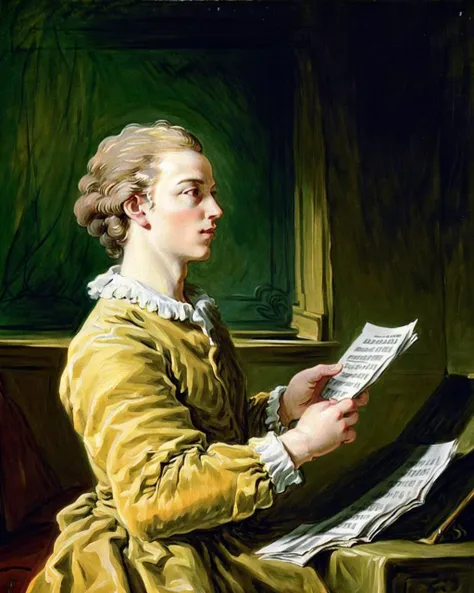 rococo, Fragonard, traditional_media, <lora:Fragonard_v1:0.7>,window, man holding a paper, 1girl, blonde_hair, profile