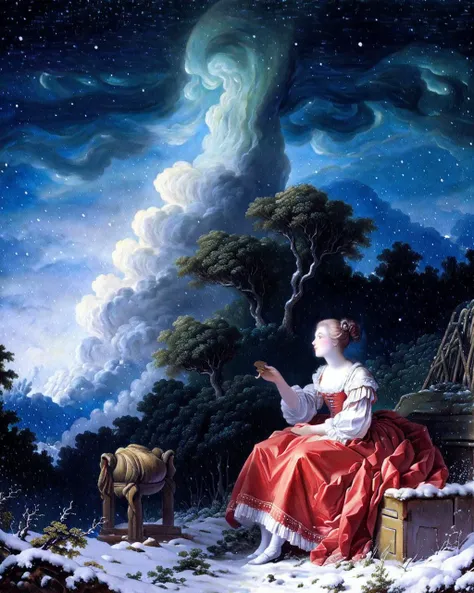 rococo, Fragonard, oil painting \(medium\), traditional_media, <lora:Fragonard_v1:0.7>,  aerial_fireworks, aurora, bare_tree, blonde_hair, city_lights, constellation, crescent_moon, dress, earth_\(planet\), ferris_wheel, light_particles, milky_way, moon, multiple_girls, night, night_sky, sitting, sky, snow, snowing, space, starry_sky, starry_sky_print, tanabata, tanzaku, telescope, tent, tree, winter