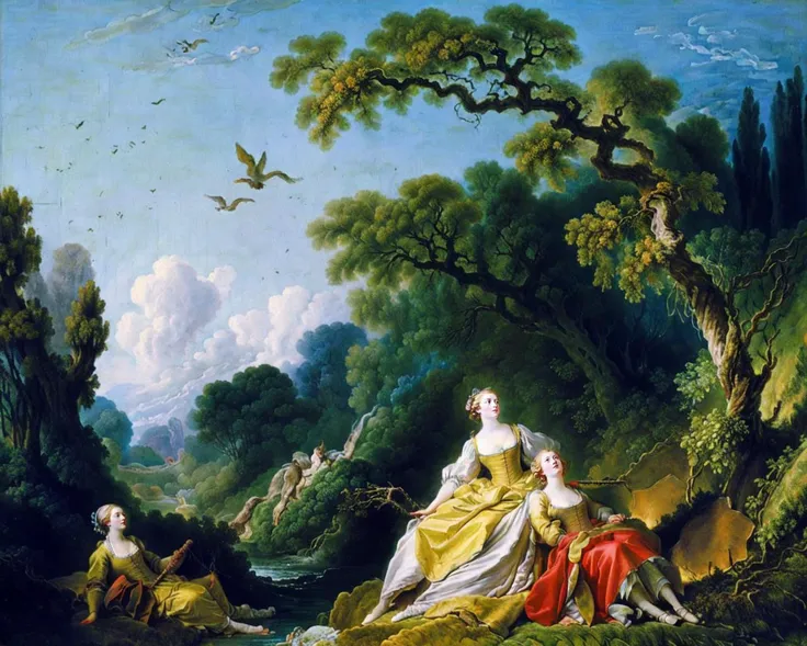 rococo, Fragonard, oil painting \(medium\), traditional_media, <lora:Fragonard_v1:0.7>, armor, bird, blonde_hair, branch, day, forest, grass, landscape, multiple_girls, nature, outdoors, river, scenery, short_hair, sitting, tree, water, weapon