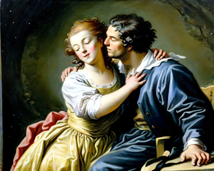 Design a homoerotic scene of two men in the style of Botticelli's ethereal compositions. Create an intimate moment between ((two men amidst draped fabrics)) and delicate ((Pastoral Background)), evoking the grace and sensuality of the Renaissance era, Nude men, penis showing.,