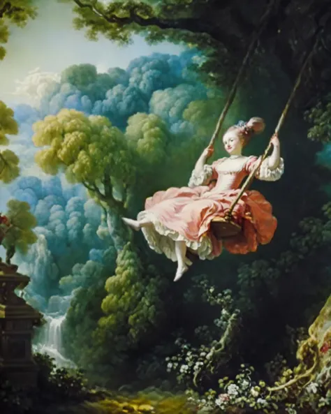 <lora:Fragonard_v1:0.7>, rococo, Fragonard, swinging on a swing in a forest