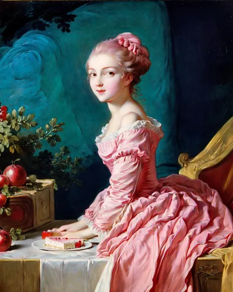 rococo, Fragonard, traditional_media, <lora:Fragonard_v1:0.7>, apple, berry, cake, pink dress