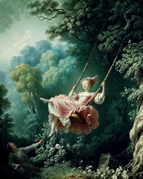 <lora:Fragonard_v1:0.7>, rococo, Fragonard, swinging on a swing in a forest