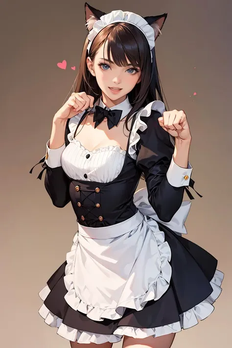 cowboy shot,realistic,best quality,masterpiece,realistic,1girl,catgirl,paw pose,cute,maid,:D,hearts,fist,<lora:GoodHands-beta2:1>,