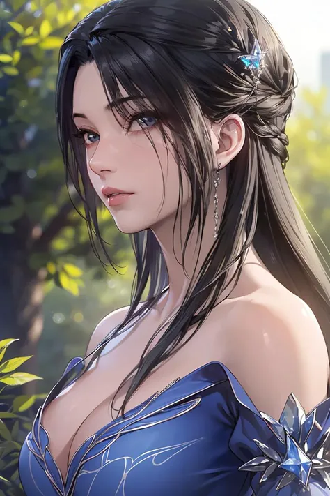 (8k, RAW photo, best quality, masterpiece:1.2),(realistic, photo-realistic:1.4),ultra-detailed,extremely detailed cg 8k wallpaper,(crystalstexture skin:1.2),(extremely delicate and beautiful),1girl,solo,realistic,black hair,long hair,bare shoulders,blue dress,large breasts,cleavage,looking at viewer,<lora:limuwan-000003:0.6>,outdoors,<lora:GoodHands-beta2:1>,