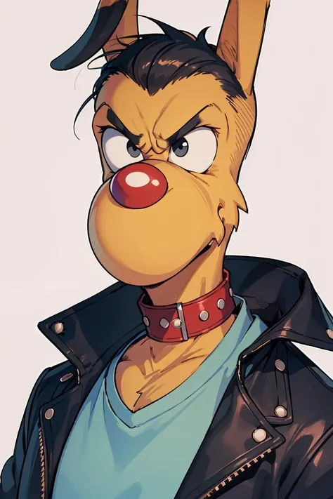 masterpiece,best quality,1boy,finot,dog,collar,black eyes,furry,dog,black leather jacket,looking at viewer,male focus,shirt,upper body,angry,solo,simple background,<lora:BrainV2:0.8>,