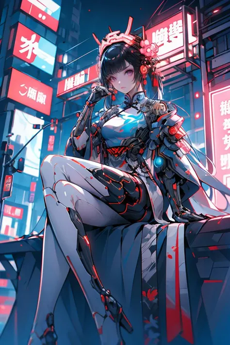 cyberhanfu,cheongsam,chinese clothes,neon,1 girl,chinese clothes,sitting,in white and pink,cyberpunk city,dynamic pose,headdress,hair ornament,long hair,cyberpunk,a high-tech city,full of machinery and futuristic element,futurism,technology,outdoors,<lora:cyberhanfu_20230617014620:0.8>,