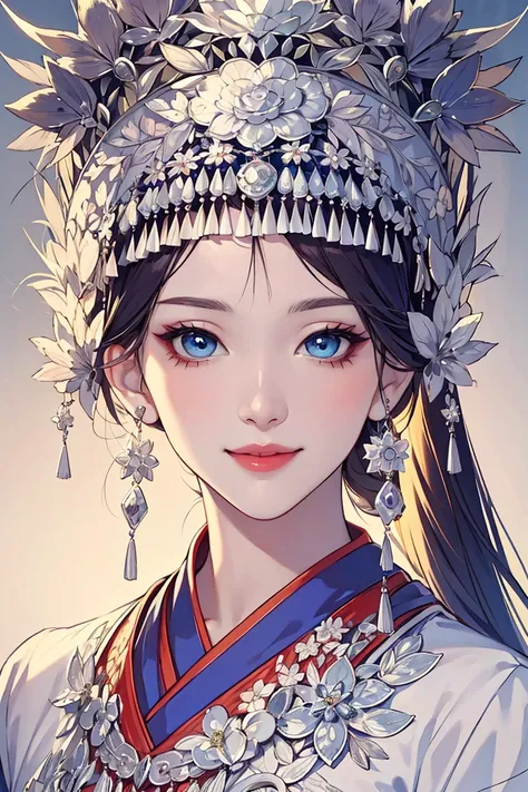 woman wearing miaofashion,portrait,big blue eyes,sweet smile,masterpiece,8k,highest quality,trending on art station,<lora:MiaoFashion:0.8>,