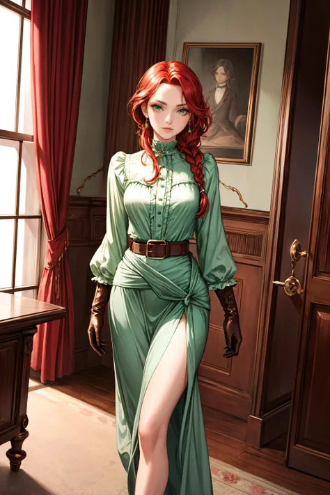 (masterpiece, best quality), woman, green eyes, red hair, strands in front, put your collected hair in a braid, light makeup, medium breasts, a long green dress in the style of the Victorian era, brown shoes, brown gloves, brown belt at the waist,
<lora:add_detail:0.8>,