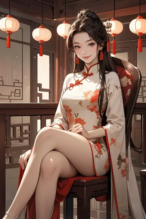 masterpiece,best quality,1girl,solo focus,chinese style,ancient room,indoors,on chair,china dress,crossed legs,light smile,<lora:GoodHands-beta2:1>,<lora:Chinese style_20230608163116:0.6>,