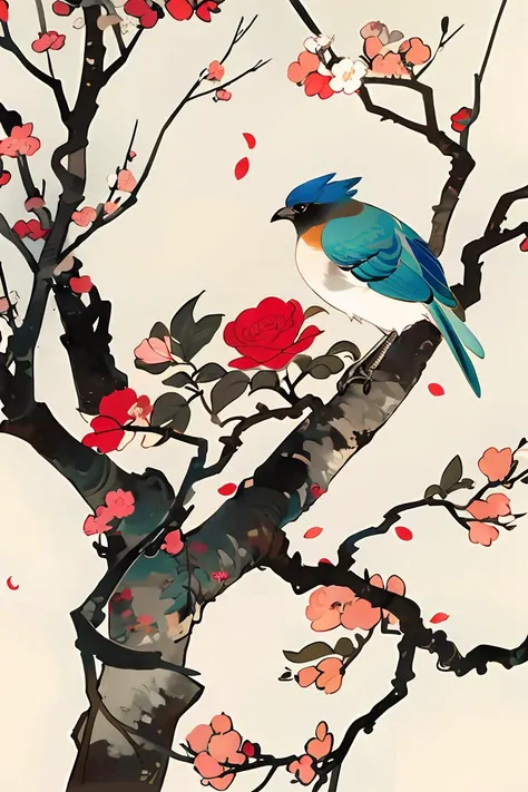 a bird is perched on a branch with flowers,animal,branch,leaf,petals,plant,tree,red flower,white flower,simple background,<lora:è±é¸_Art_v1.0:0.8>,white background,