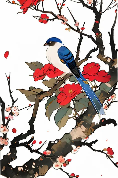 a bird is perched on a branch with flowers,animal,branch,leaf,petals,plant,tree,red flower,white flower,simple background,<lora:è±é¸_Art_v1.0:0.8>,white background,