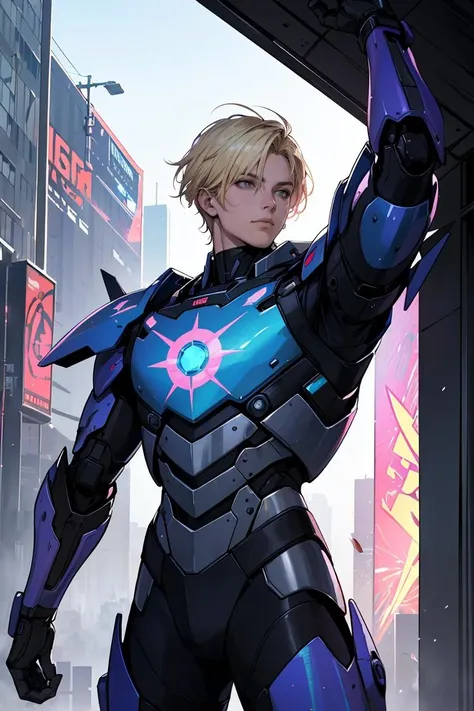 pink and blue holographic colors,cartoon rendering,cinematic shot,best quality,masterpiece,realistic,1boy,beautiful,black armour,mecha,cyberpunk,blonde hair,heroic action pose,<lora:GoodHands-vanilla:1>,