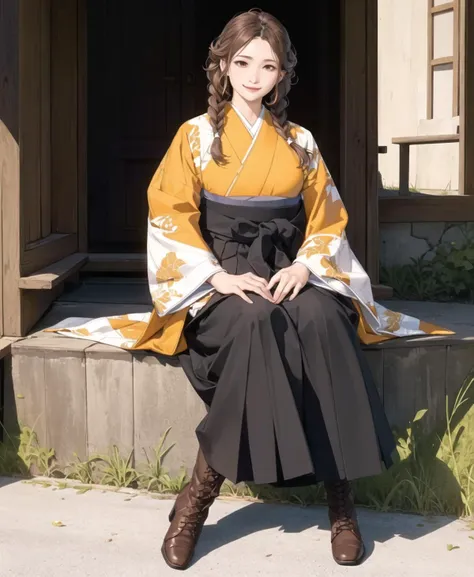 (realistic:1.3),finely detailed,quality,rembrandt lighting,(masterpiece:1.2),(photorealistic:1.2),(best quality),(detailed skin:1.3),(intricate details),dramatic,ray tracing,1girl,medium breasts,gentle smiling,hakama skirt,<lora:hakama:0.6>,brown footwear,sitting,japanese street,plaits,