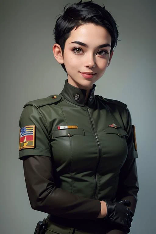 spiky bald hairstyle, short hair, mexican skin, gloves, uniform military, 1girl ,dark black hair, ((hair cut super short,)), soft Brown eyes, smile lips,