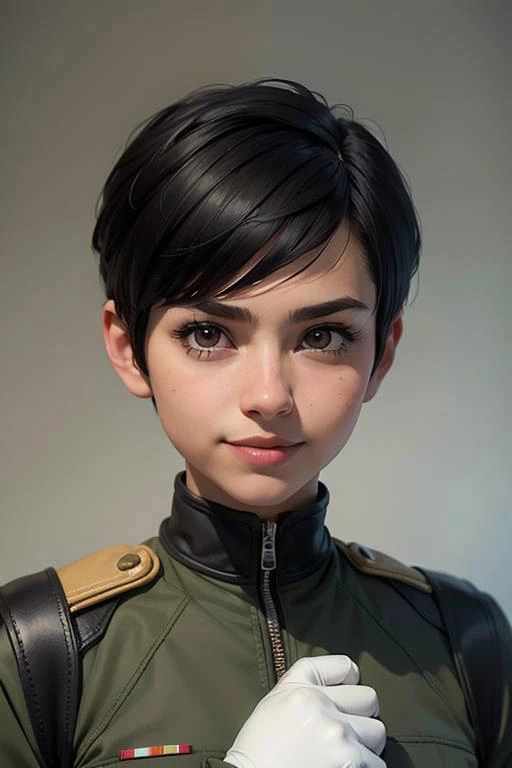 spiky bald hairstyle, short hair, mexican skin, gloves, uniform military, 1girl ,dark black hair, ((hair cut super short,)), soft Brown eyes, smile lips,