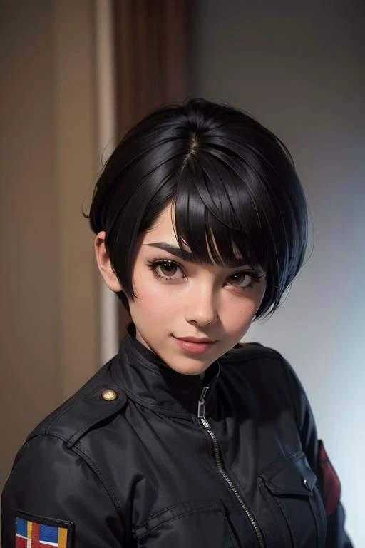 spiky bald hairstyle, short hair, mexican skin, gloves, uniform military, 1girl ,dark black hair, ((hair cut super short,)), soft Brown eyes, smile lips,