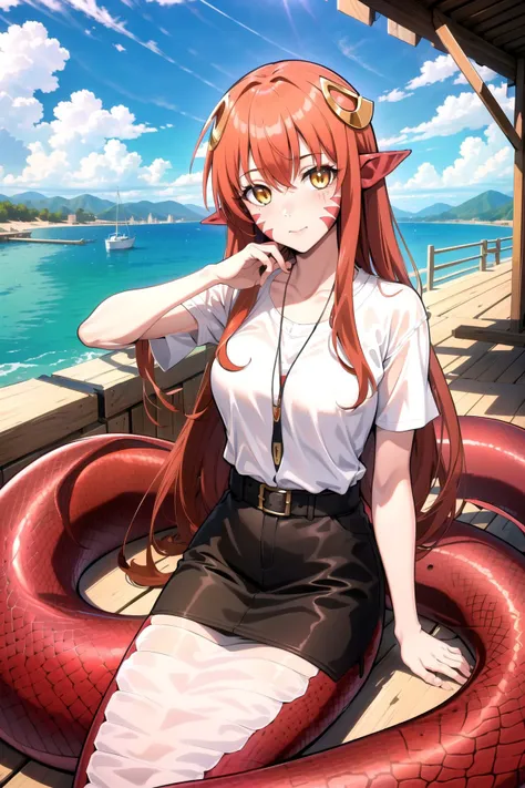 (masterpiece, best quality, highres), 1girl, solo,
outdoors, scenery, looking at viewer, blush,
miia, miia \(monster musume\), lamia,
facial mark, monster girl, hair ornament, pointy ears,
yellow eyes, red hair, long hair, slit pupils,
<lora:miia11:0.7>