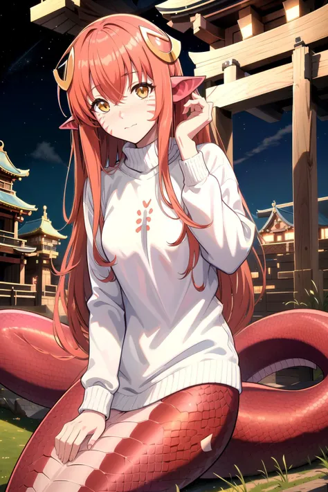 (masterpiece, best quality, highres), anime art style, pixiv, 1girl, solo,
shrine, pov, night, scenery, blush, looking at viewer,
fupper body, sitting, from from above,
miia, miia \(monster musume\), monster musume no iru nichijou,
lamia, hair ornament, pointy ears, facial mark, white sweater,
<lora:miia:0.65>